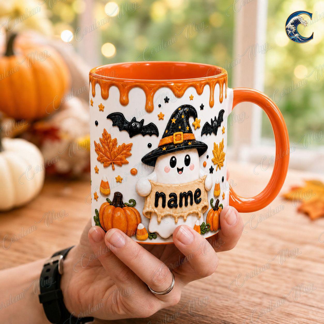 Personalized Halloween Ghost Mug, Custom Name Coffee Mug, Cute Witch Ghost Mug, Witch Hat Pumpkin Candy Mug, Halloween Party Gift