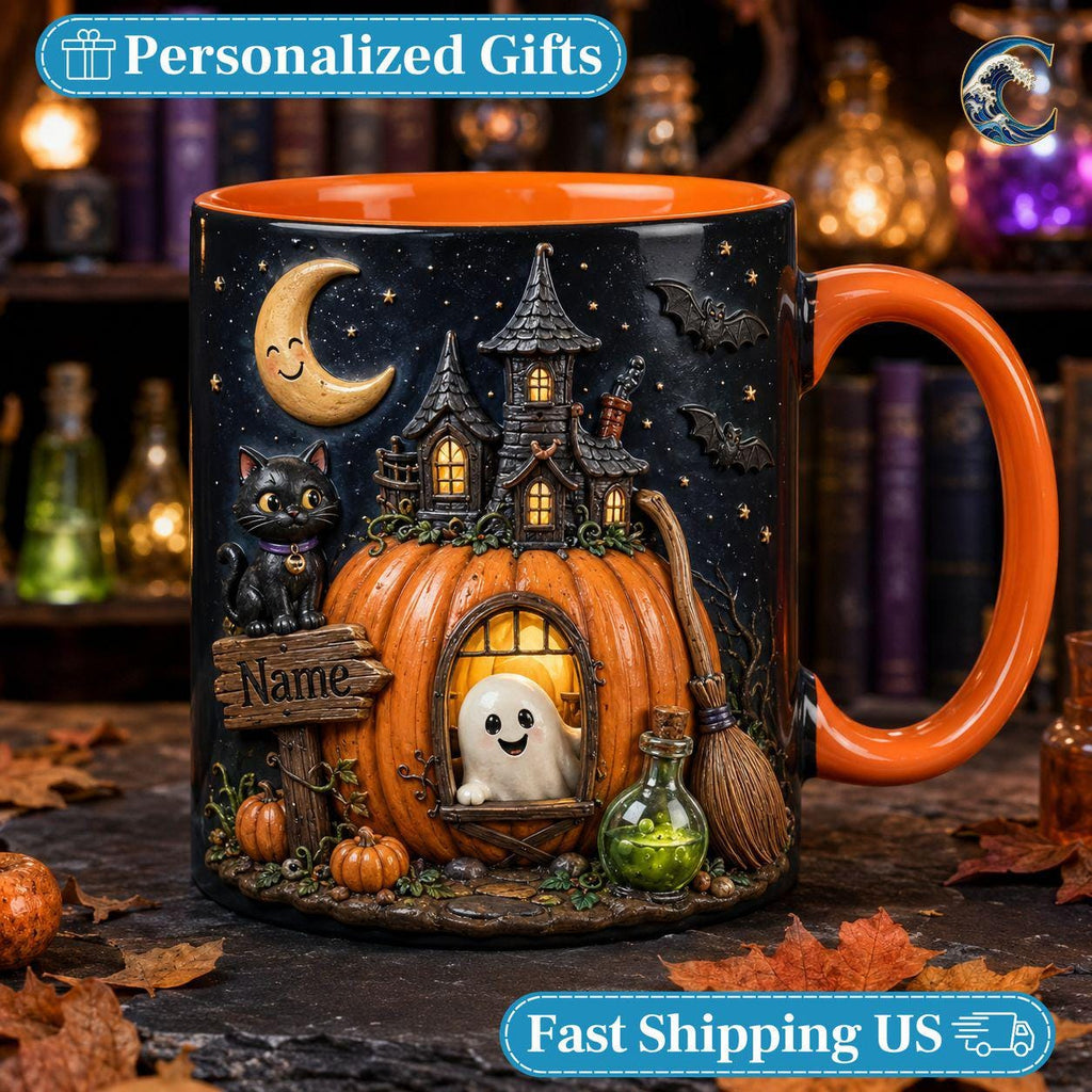 Personalized Halloween Mug, Custom Name Coffee Mug, Pumpkin House Night Mug, Black Cat Ghost Moon Mug, Spooky Season Gift