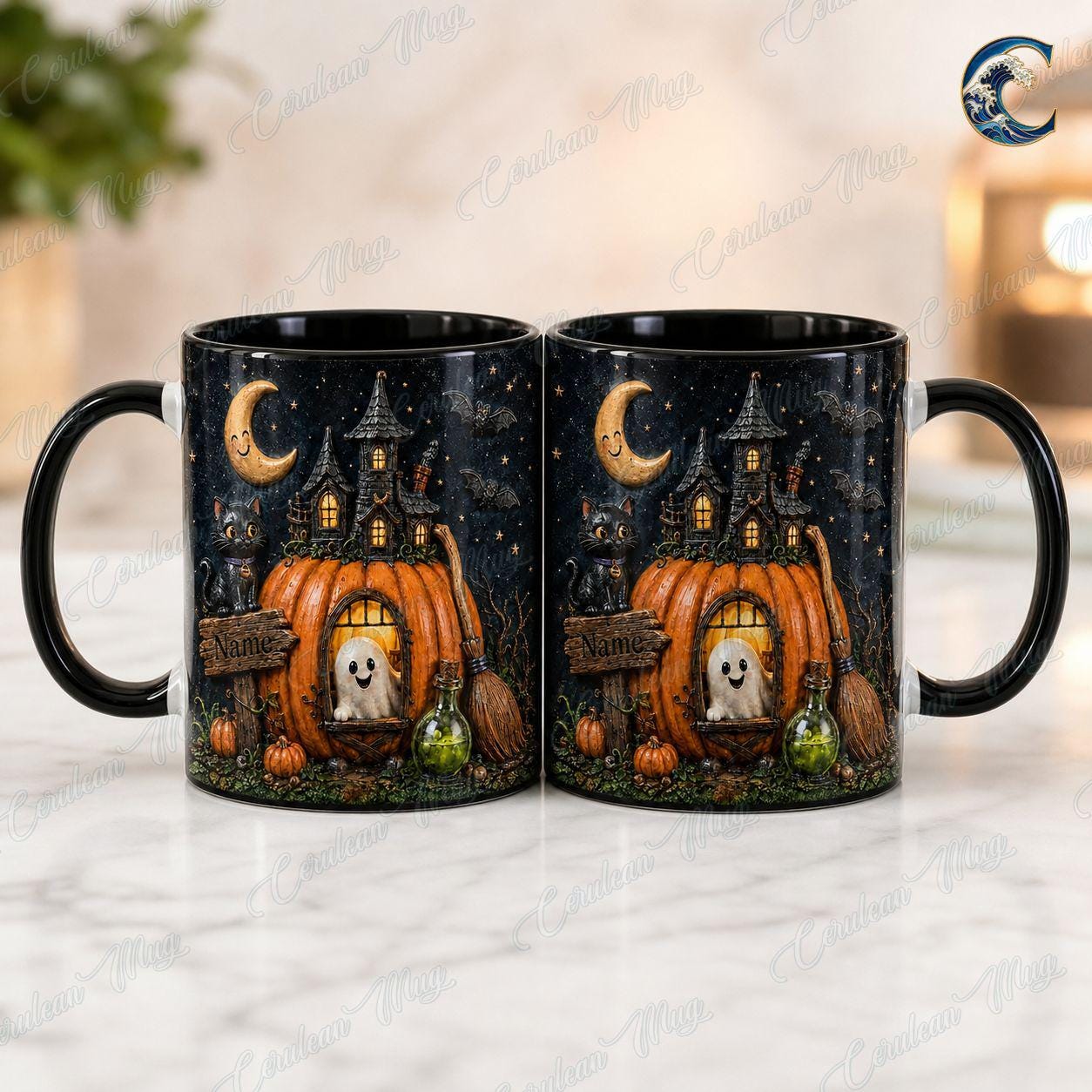 Personalized Halloween Mug, Custom Name Coffee Mug, Pumpkin House Night Mug, Black Cat Ghost Moon Mug, Spooky Season Gift
