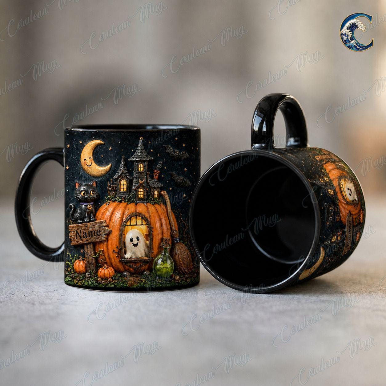Personalized Halloween Mug, Custom Name Coffee Mug, Pumpkin House Night Mug, Black Cat Ghost Moon Mug, Spooky Season Gift