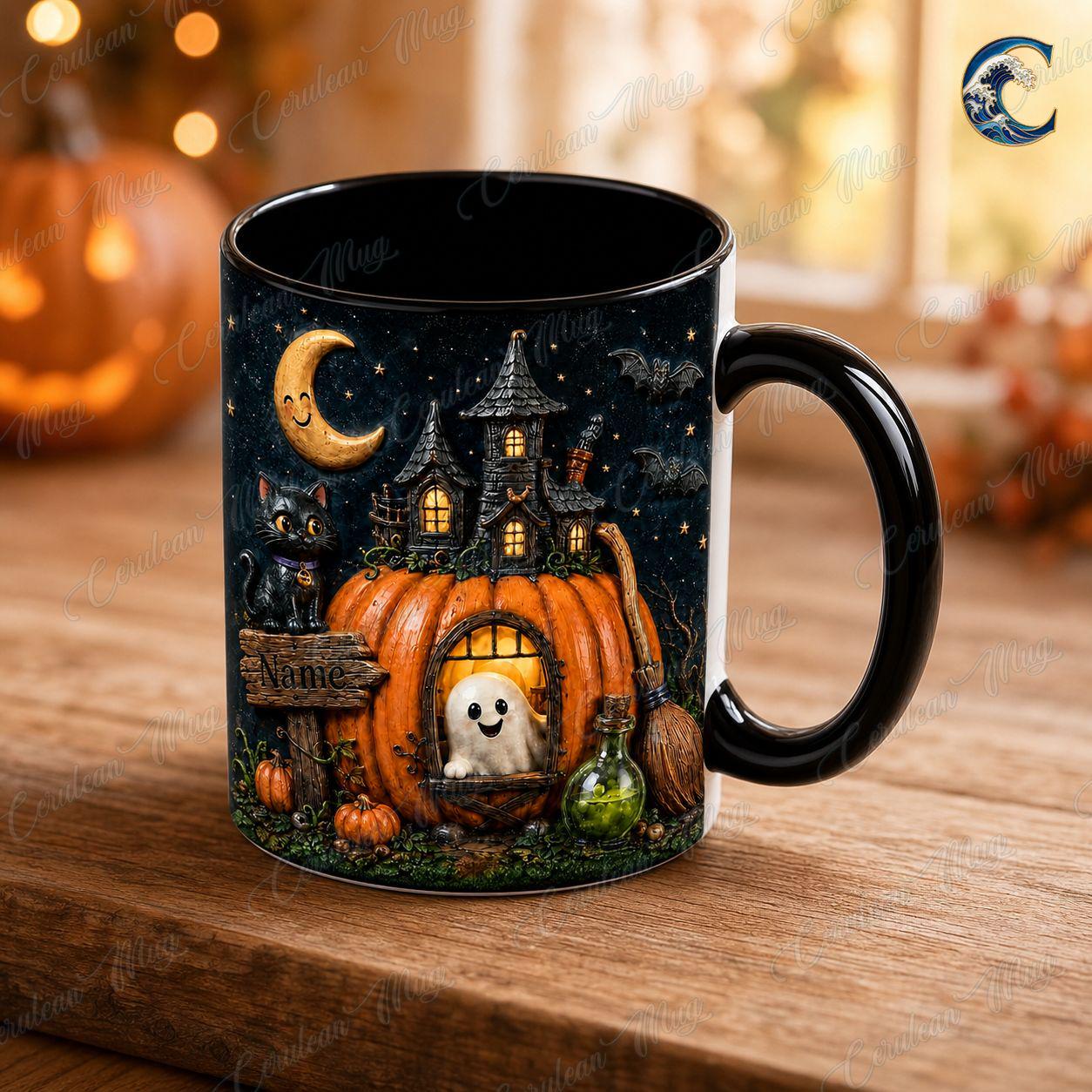 Personalized Halloween Mug, Custom Name Coffee Mug, Pumpkin House Night Mug, Black Cat Ghost Moon Mug, Spooky Season Gift