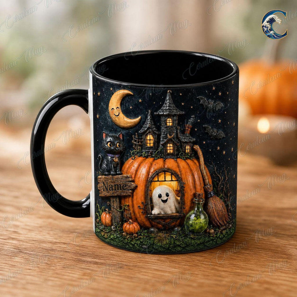 Personalized Halloween Mug, Custom Name Coffee Mug, Pumpkin House Night Mug, Black Cat Ghost Moon Mug, Spooky Season Gift