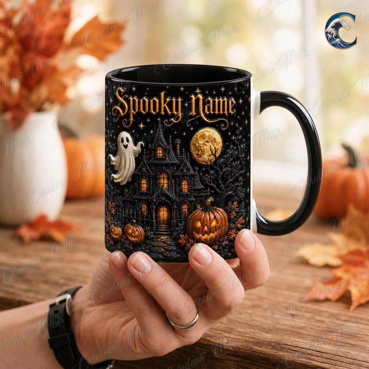 Personalized Spooky Name Mug, Custom Haunted House Coffee Mug, Ghost Mansion Mug, Black Halloween Manor Mug, Spooky Night Gift