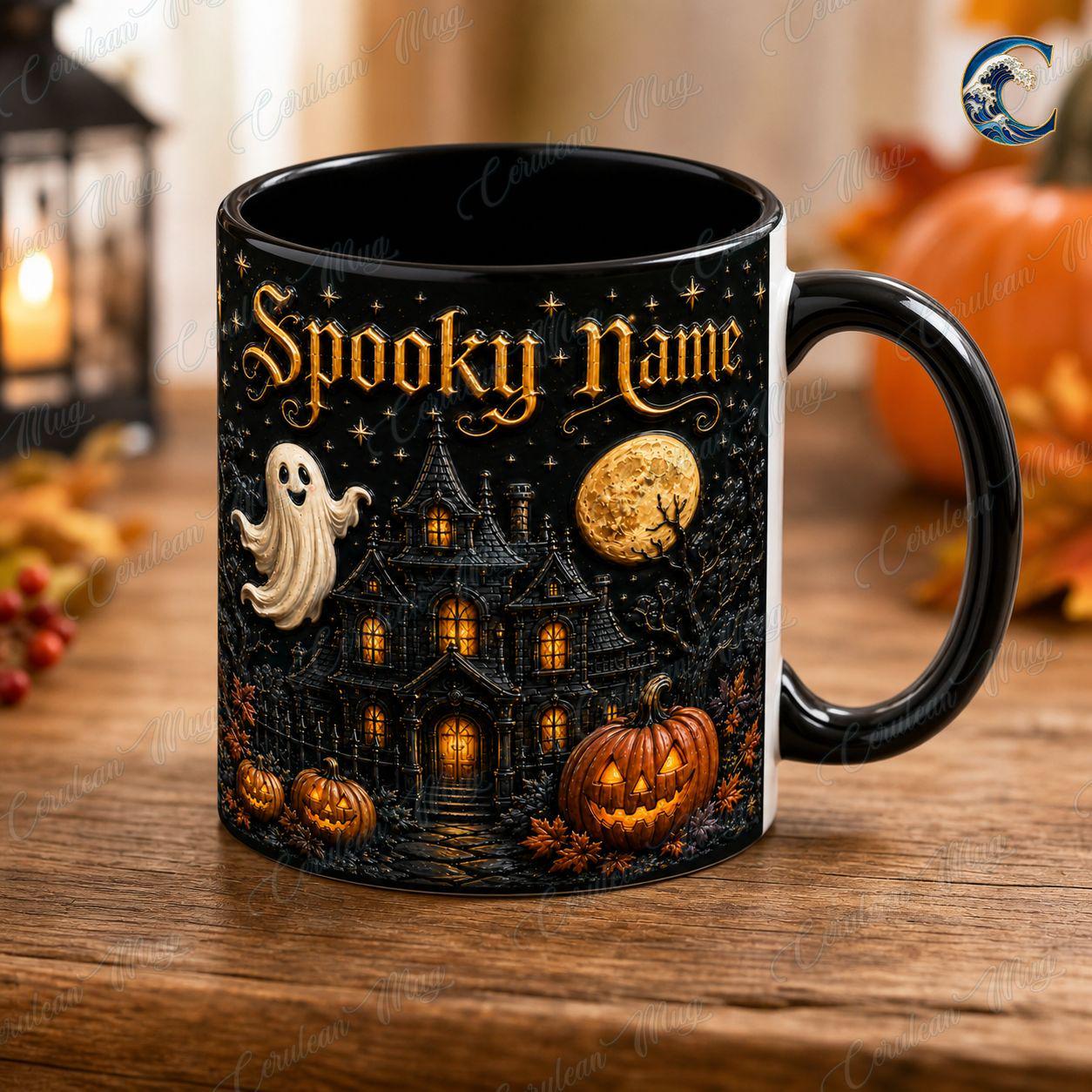 Personalized Spooky Name Mug, Custom Haunted House Coffee Mug, Ghost Mansion Mug, Black Halloween Manor Mug, Spooky Night Gift