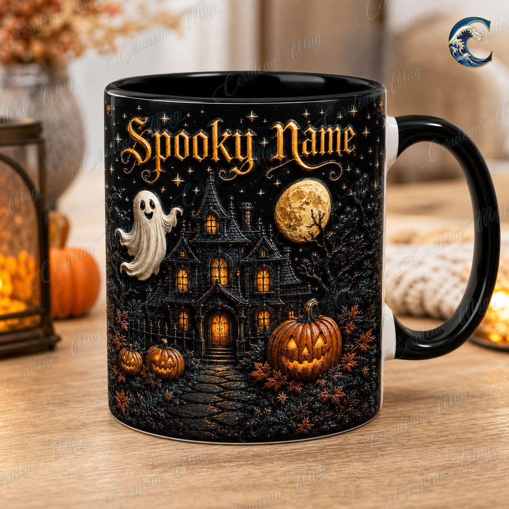 Personalized Spooky Name Mug, Custom Haunted House Coffee Mug, Ghost Mansion Mug, Black Halloween Manor Mug, Spooky Night Gift