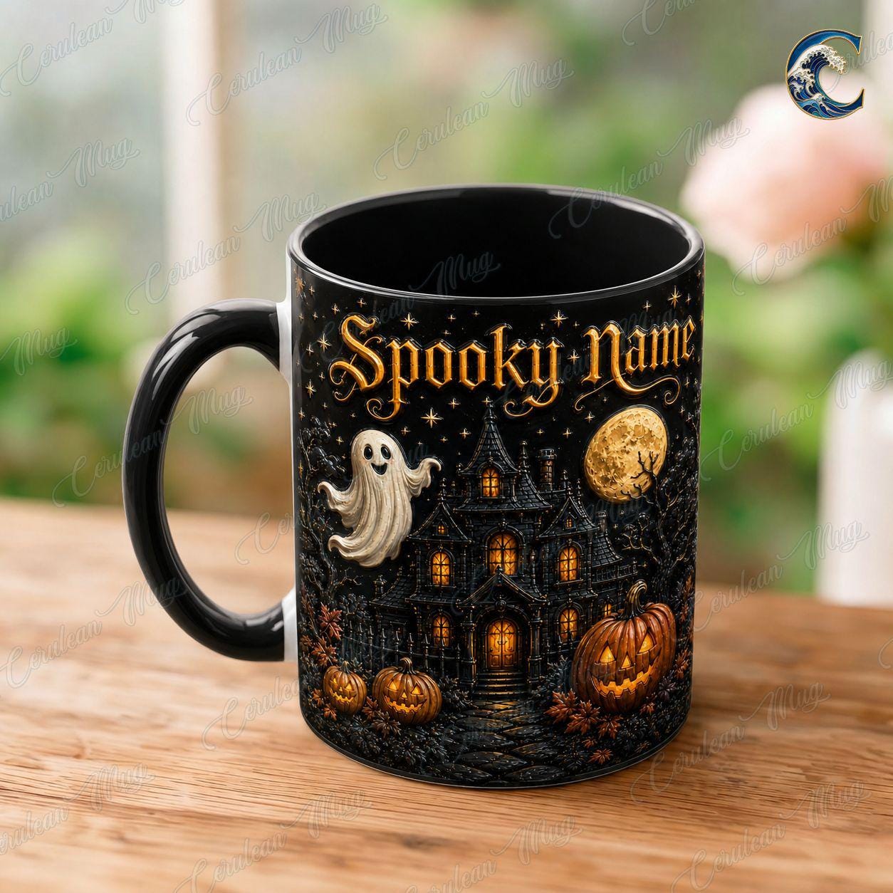 Personalized Spooky Name Mug, Custom Haunted House Coffee Mug, Ghost Mansion Mug, Black Halloween Manor Mug, Spooky Night Gift