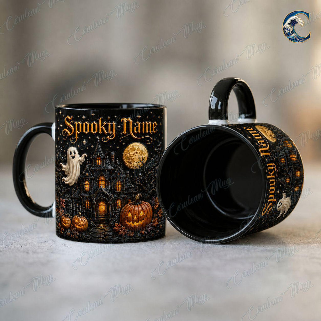 Personalized Spooky Name Mug, Custom Haunted House Coffee Mug, Ghost Mansion Mug, Black Halloween Manor Mug, Spooky Night Gift