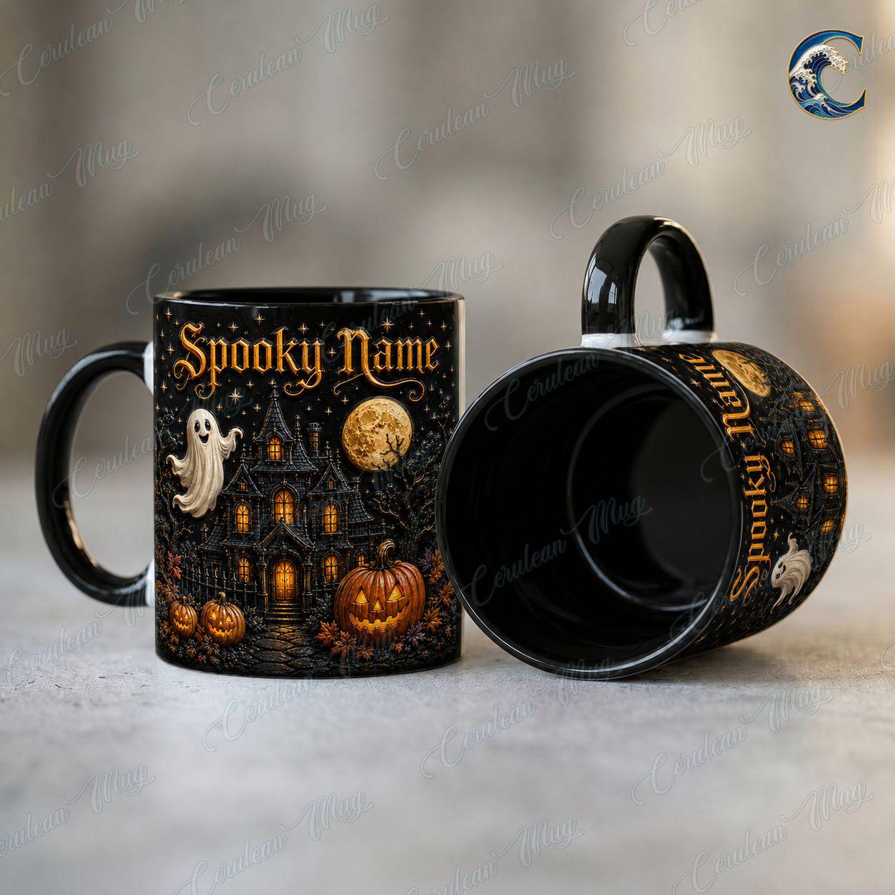 Personalized Spooky Name Mug, Custom Haunted House Coffee Mug, Ghost Mansion Mug, Black Halloween Manor Mug, Spooky Night Gift