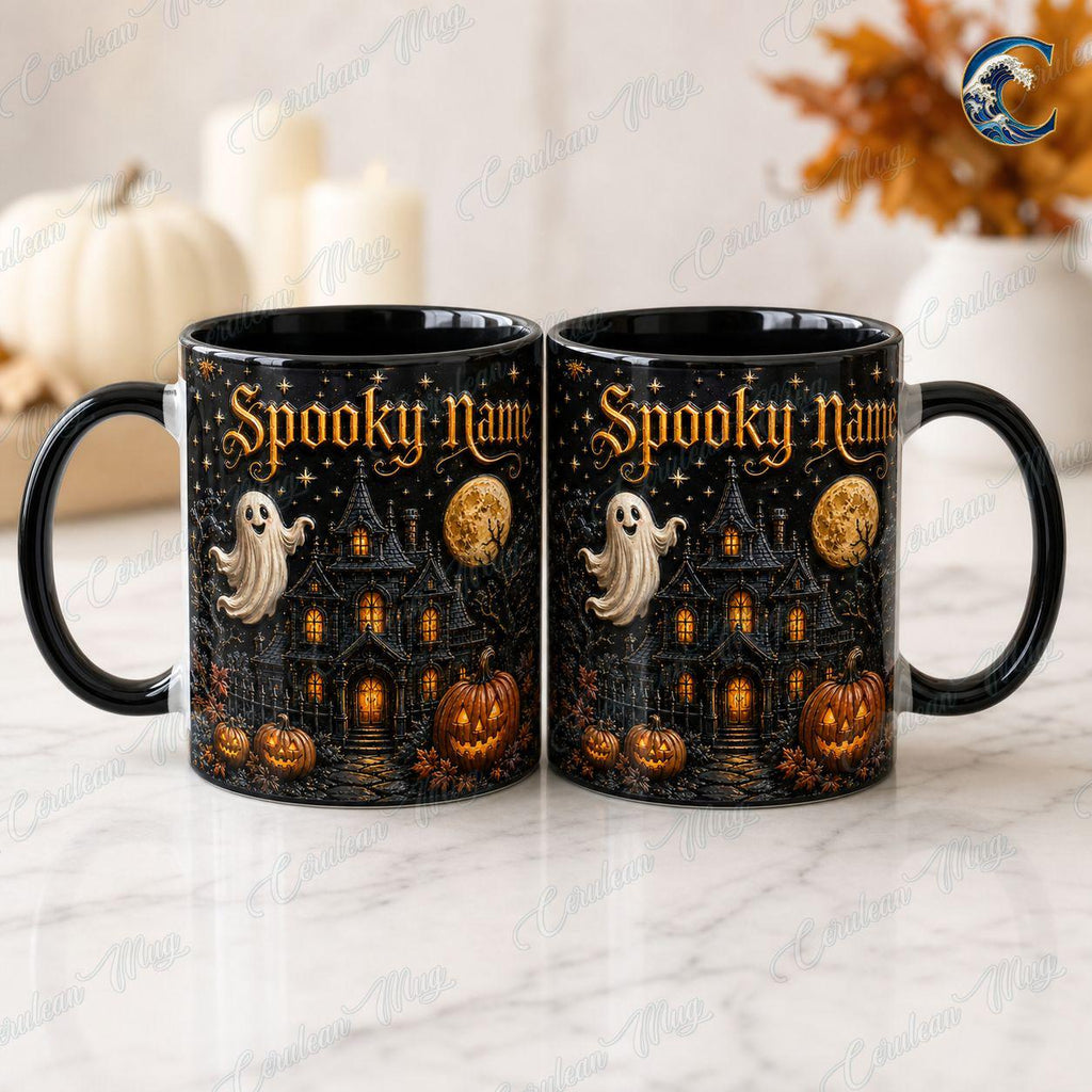 Personalized Spooky Name Mug, Custom Haunted House Coffee Mug, Ghost Mansion Mug, Black Halloween Manor Mug, Spooky Night Gift