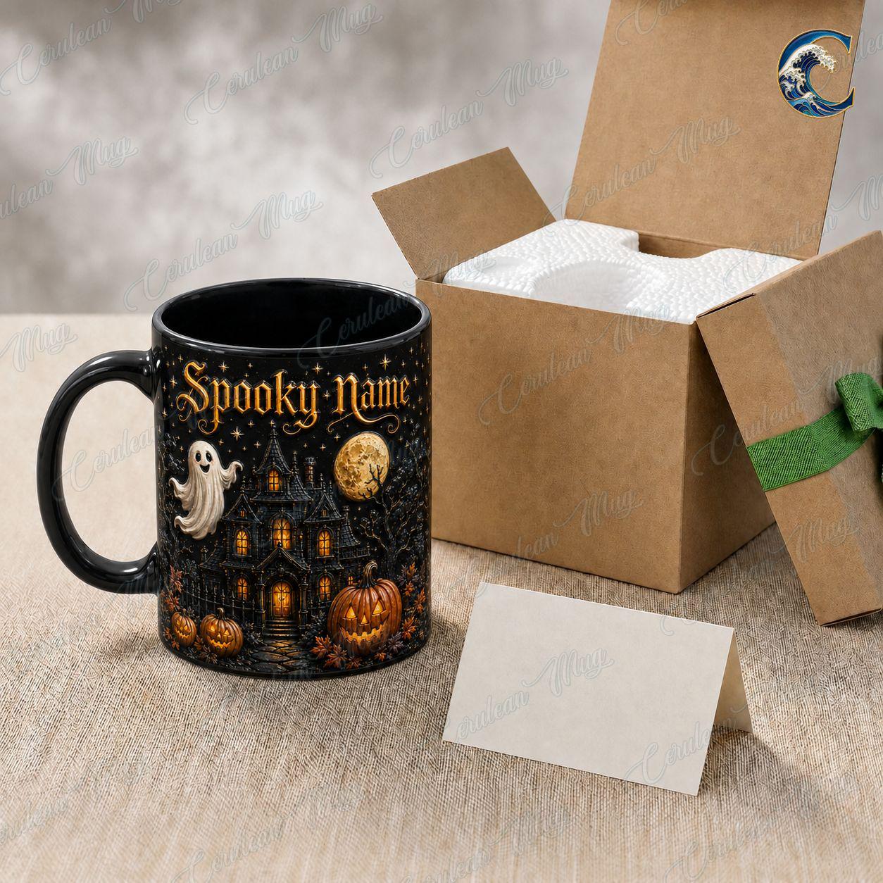 Personalized Spooky Name Mug, Custom Haunted House Coffee Mug, Ghost Mansion Mug, Black Halloween Manor Mug, Spooky Night Gift