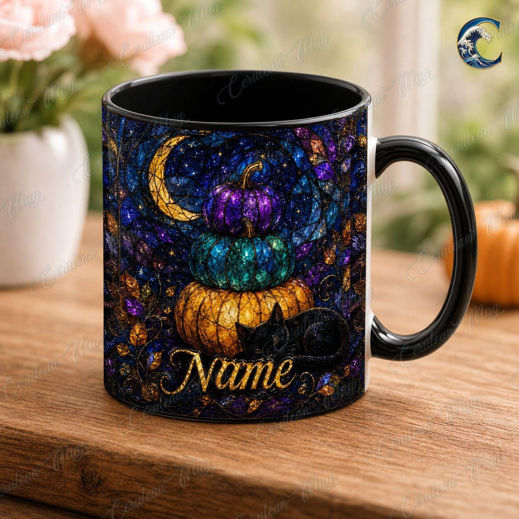 Personalized Pumpkin Stack Mug, Black Cat Autumn Coffee Mug, Stained Glass Pumpkin Mug, Black Cat Autumn Night Mug, Fall Season Gift