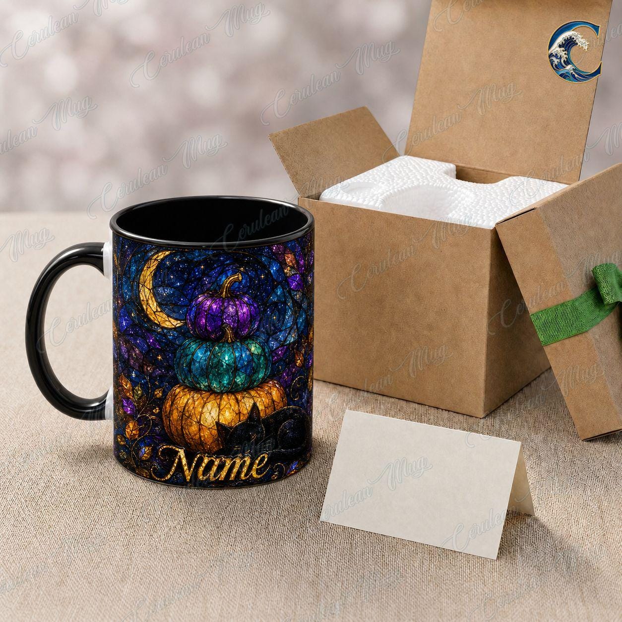Personalized Pumpkin Stack Mug, Black Cat Autumn Coffee Mug, Stained Glass Pumpkin Mug, Black Cat Autumn Night Mug, Fall Season Gift