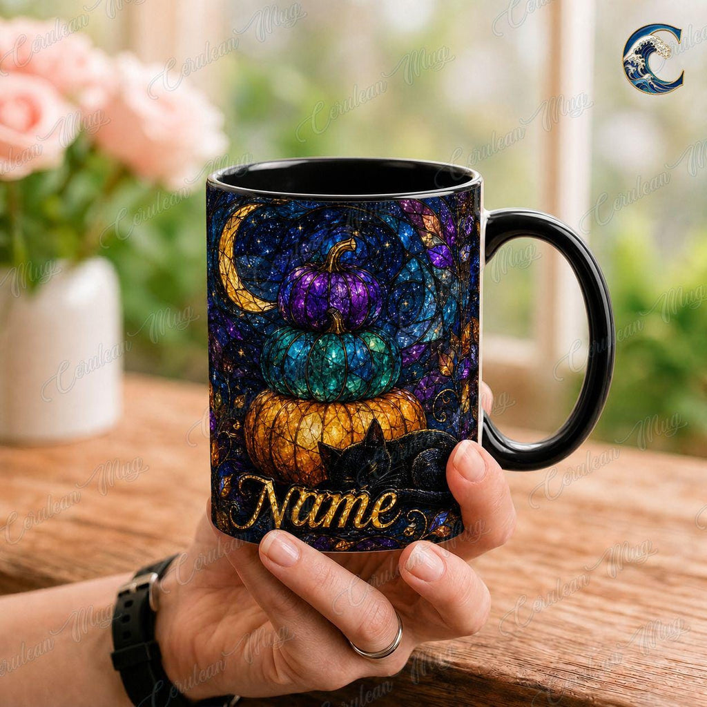 Personalized Pumpkin Stack Mug, Black Cat Autumn Coffee Mug, Stained Glass Pumpkin Mug, Black Cat Autumn Night Mug, Fall Season Gift