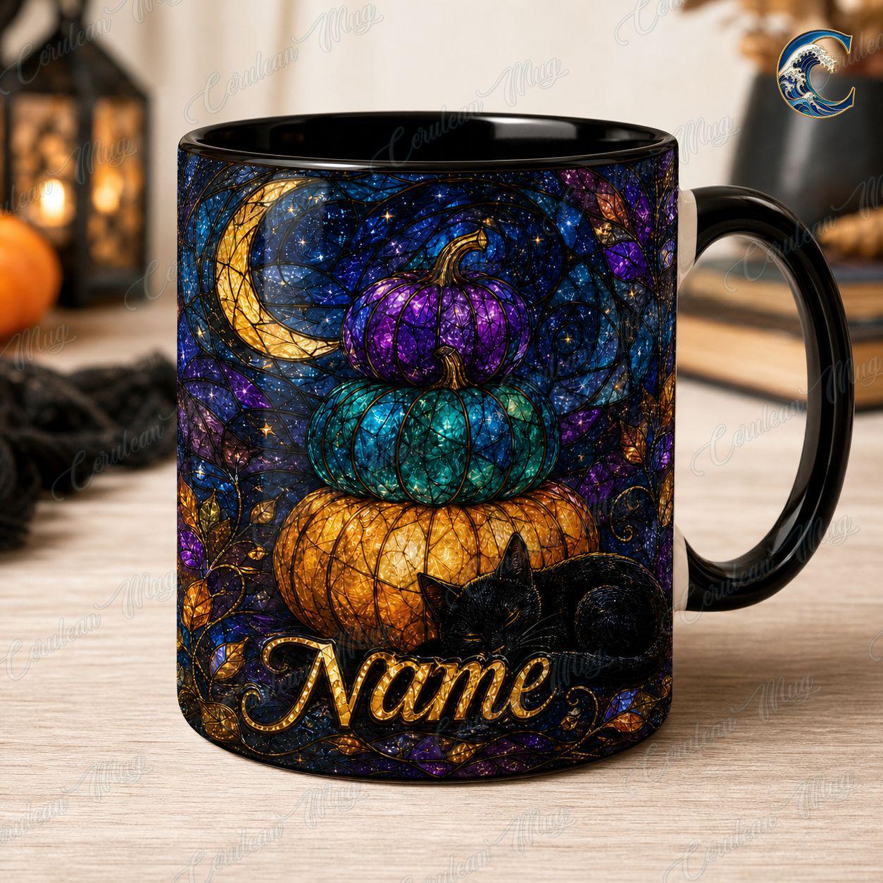 Personalized Pumpkin Stack Mug, Black Cat Autumn Coffee Mug, Stained Glass Pumpkin Mug, Black Cat Autumn Night Mug, Fall Season Gift