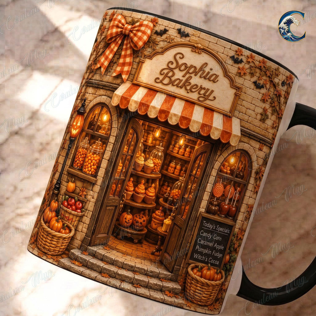 Personalized Bakery Mug, Custom Shop Name Coffee Mug, Fall Bakery Shop Mug, Candy Shop Autumn Scene Mug, Bakery Lover Gift