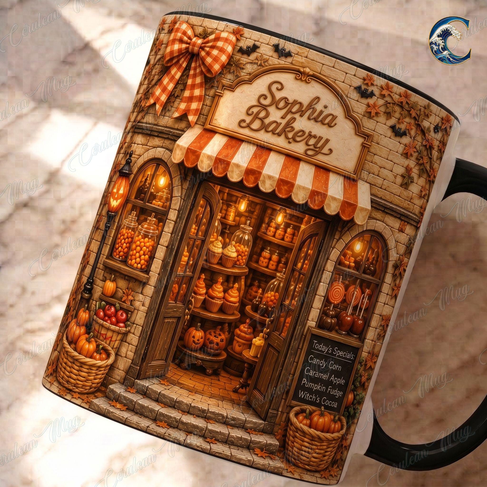 Personalized Bakery Mug, Custom Shop Name Coffee Mug, Fall Bakery Shop Mug, Candy Shop Autumn Scene Mug, Bakery Lover Gift