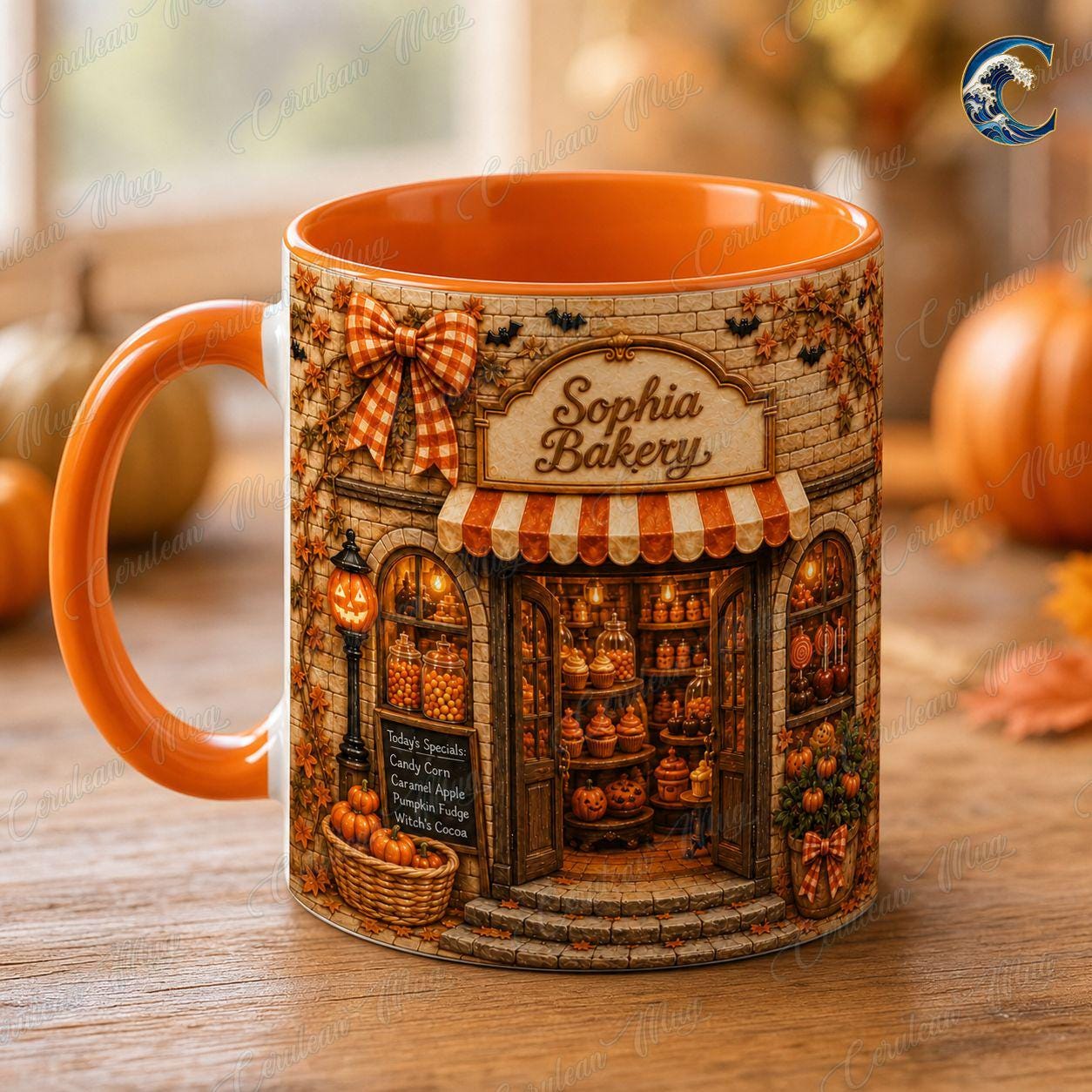 Personalized Bakery Mug, Custom Shop Name Coffee Mug, Fall Bakery Shop Mug, Candy Shop Autumn Scene Mug, Bakery Lover Gift