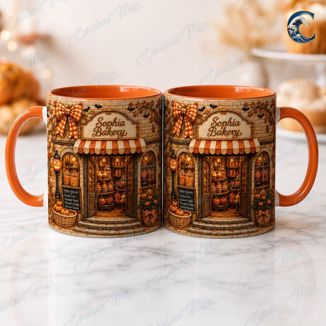 Personalized Bakery Mug, Custom Shop Name Coffee Mug, Fall Bakery Shop Mug, Candy Shop Autumn Scene Mug, Bakery Lover Gift