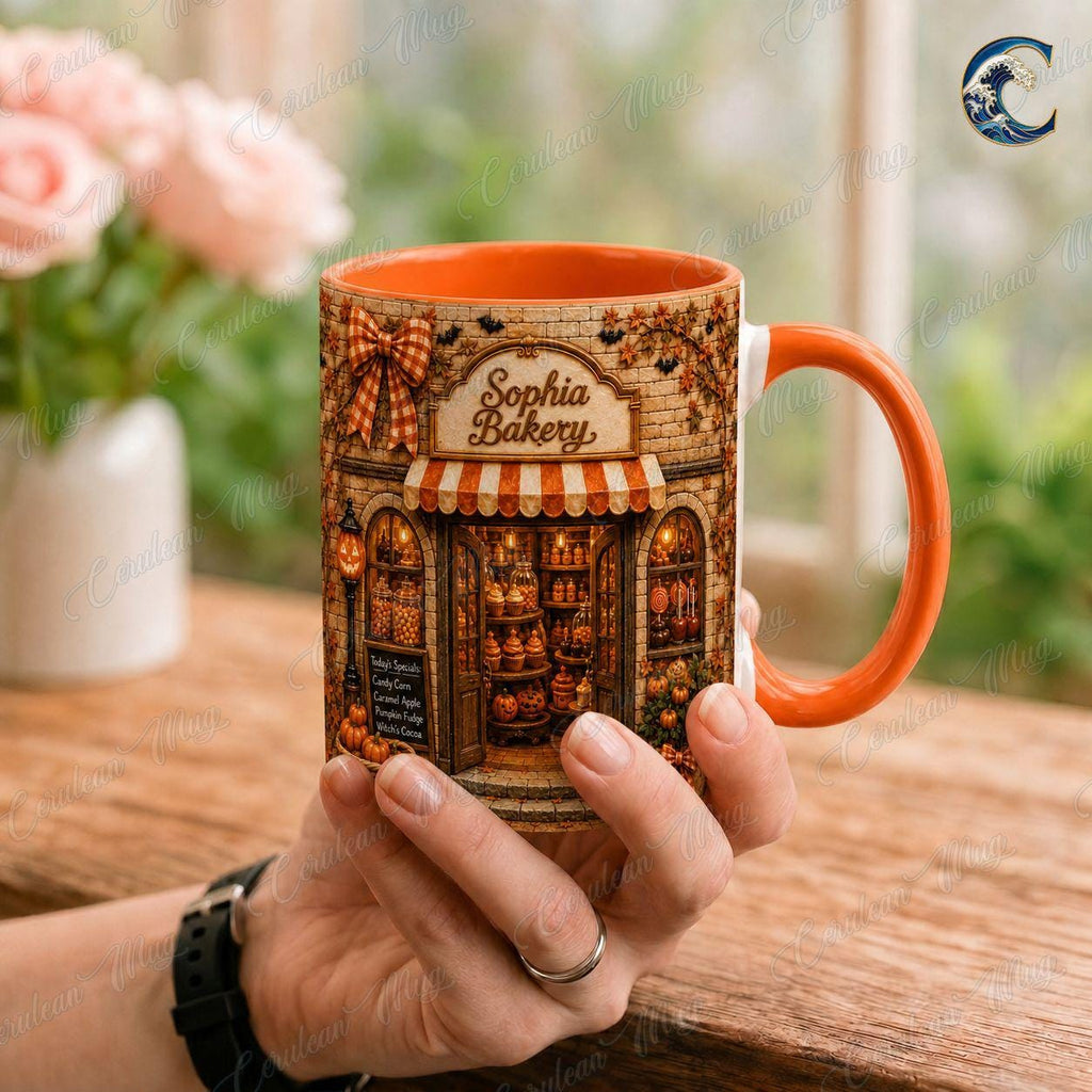 Personalized Bakery Mug, Custom Shop Name Coffee Mug, Fall Bakery Shop Mug, Candy Shop Autumn Scene Mug, Bakery Lover Gift