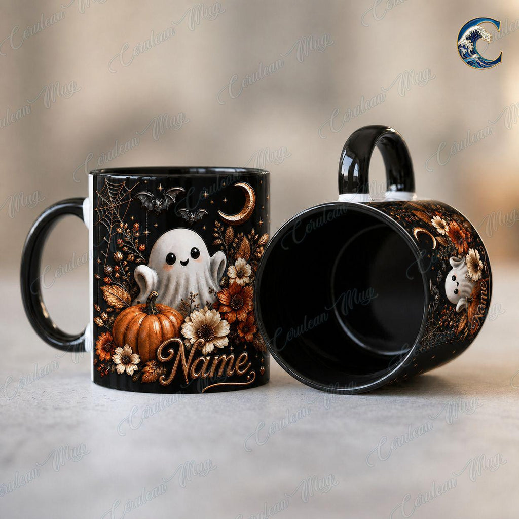Personalized Ghost Floral  Mug, Cute Spooky Coffee Mug, Cute Ghost Floral Mug, Black Halloween Flower Bouquet Mug, Fall Ghost Gift