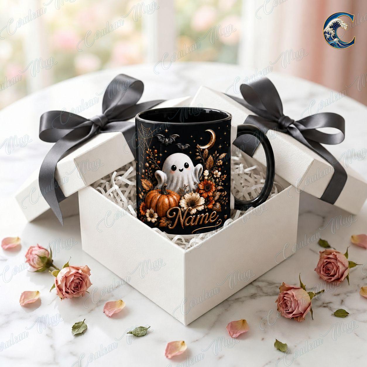 Personalized Ghost Floral  Mug, Cute Spooky Coffee Mug, Cute Ghost Floral Mug, Black Halloween Flower Bouquet Mug, Fall Ghost Gift