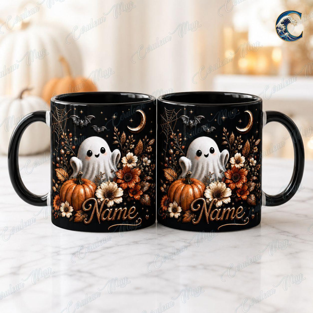 Personalized Ghost Floral  Mug, Cute Spooky Coffee Mug, Cute Ghost Floral Mug, Black Halloween Flower Bouquet Mug, Fall Ghost Gift