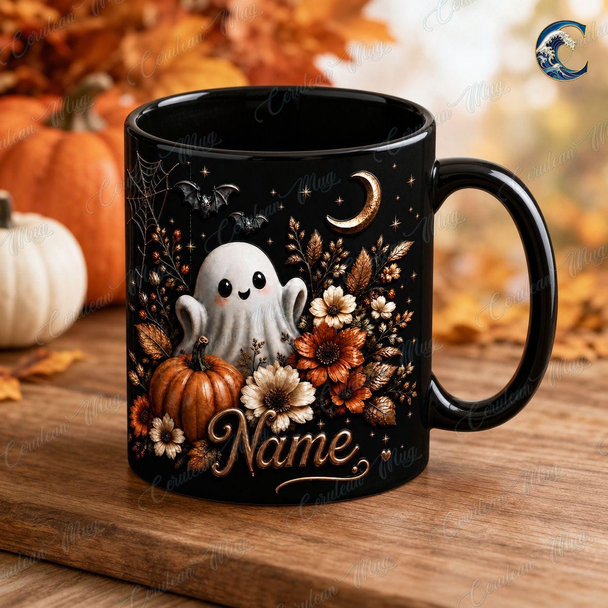 Personalized Ghost Floral  Mug, Cute Spooky Coffee Mug, Cute Ghost Floral Mug, Black Halloween Flower Bouquet Mug, Fall Ghost Gift