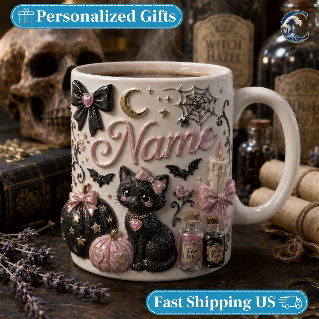 Personalized Witchy Cat Mug, Black Cat Potion Coffee Mug, Pink Gothic Halloween Mug, Pink Pumpkin Mug, Halloween Cat Gift