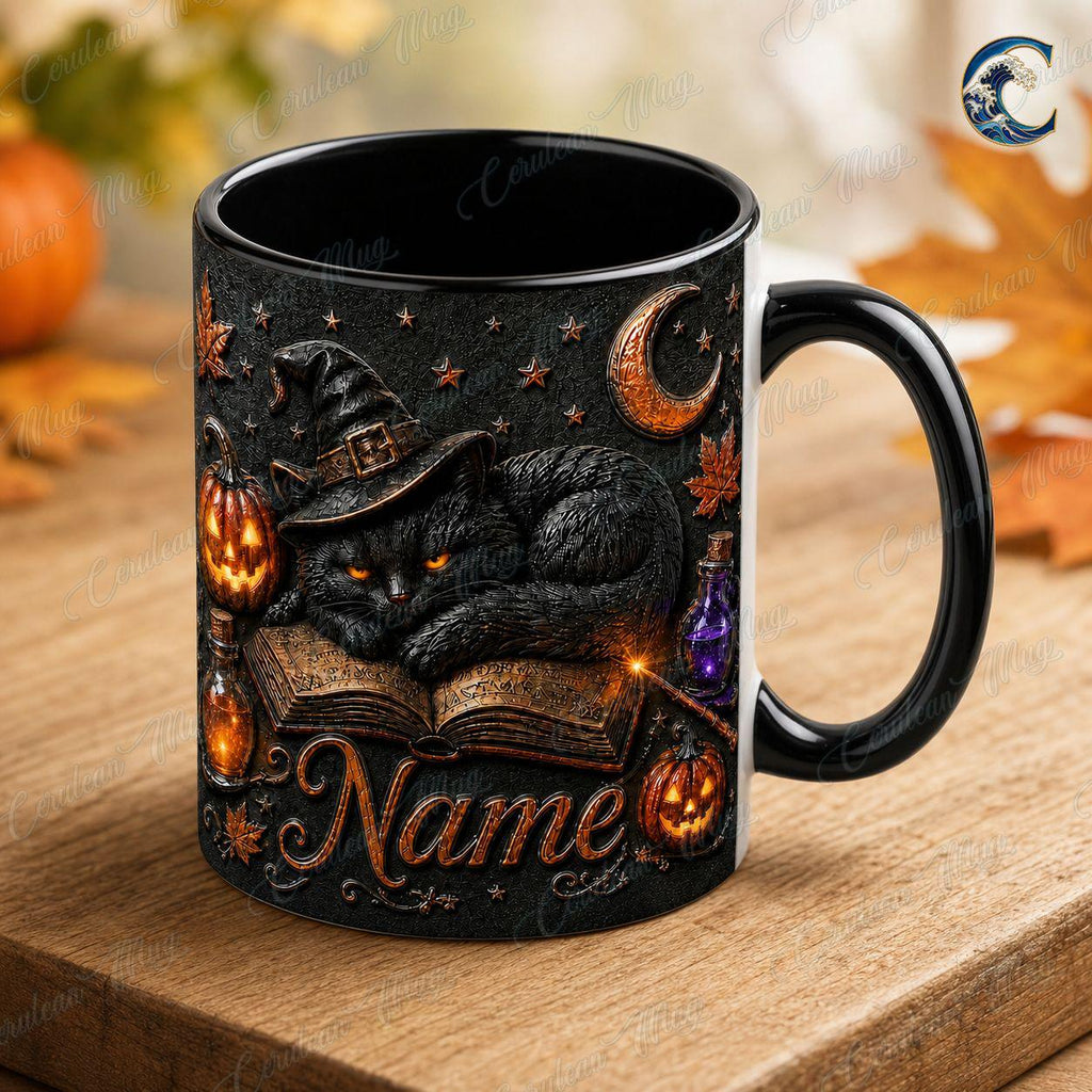 Personalized Witch Cat Mug, Gothic Cat Coffee Mug, Black Cat Spellbook Mug, Witch Hat Pumpkin Potion Mug, Halloween Night Gift
