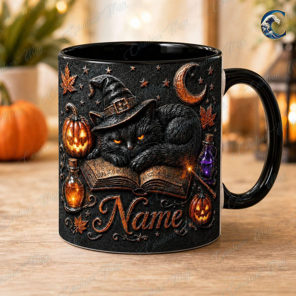 Personalized Witch Cat Mug, Gothic Cat Coffee Mug, Black Cat Spellbook Mug, Witch Hat Pumpkin Potion Mug, Halloween Night Gift