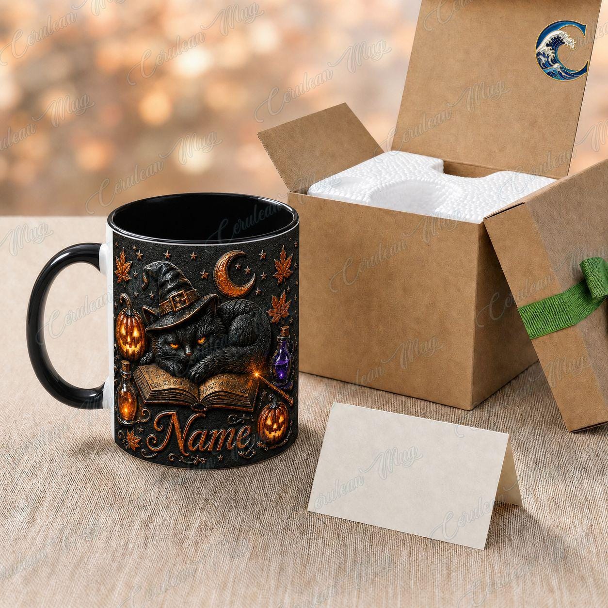 Personalized Witch Cat Mug, Gothic Cat Coffee Mug, Black Cat Spellbook Mug, Witch Hat Pumpkin Potion Mug, Halloween Night Gift