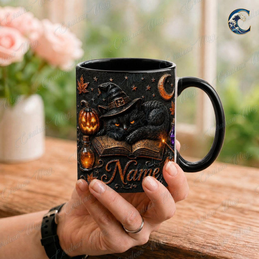 Personalized Witch Cat Mug, Gothic Cat Coffee Mug, Black Cat Spellbook Mug, Witch Hat Pumpkin Potion Mug, Halloween Night Gift