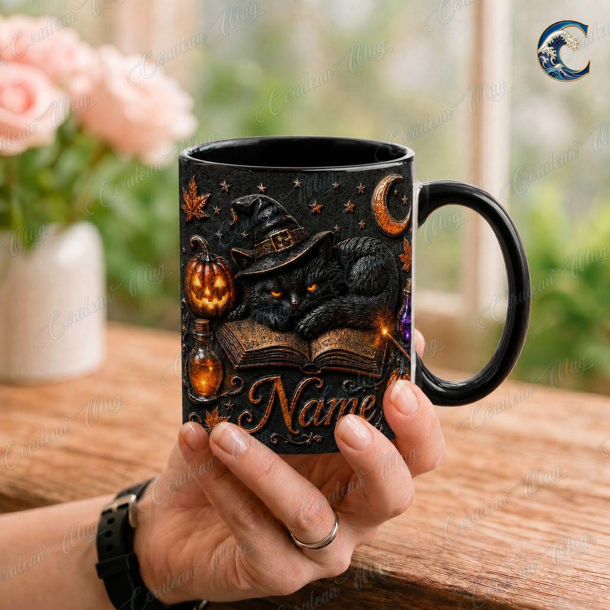 Personalized Witch Cat Mug, Gothic Cat Coffee Mug, Black Cat Spellbook Mug, Witch Hat Pumpkin Potion Mug, Halloween Night Gift