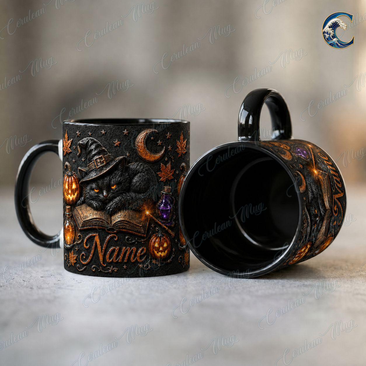 Personalized Witch Cat Mug, Gothic Cat Coffee Mug, Black Cat Spellbook Mug, Witch Hat Pumpkin Potion Mug, Halloween Night Gift