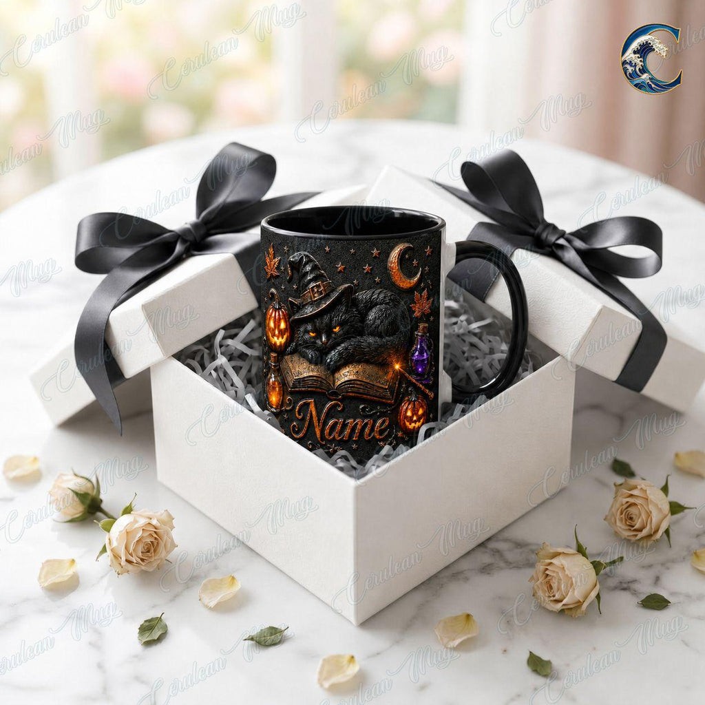 Personalized Witch Cat Mug, Gothic Cat Coffee Mug, Black Cat Spellbook Mug, Witch Hat Pumpkin Potion Mug, Halloween Night Gift