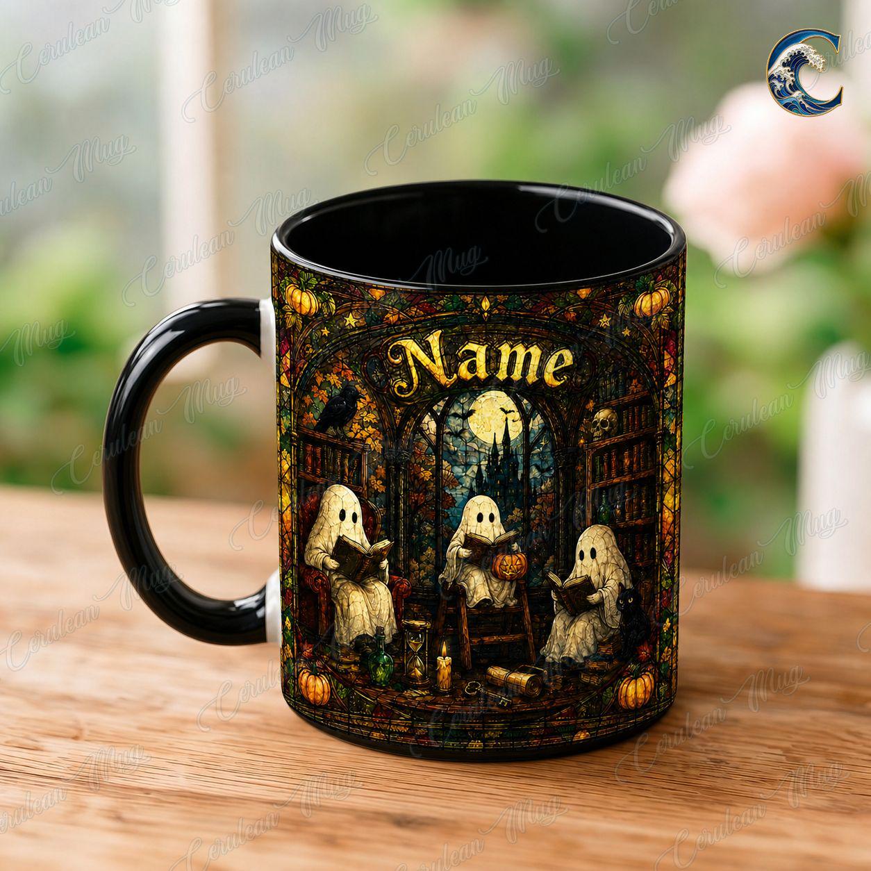 Personalized Reading Ghost Mug, Spooky Season Coffee Mug, Stained Glass Library Mug, Spooky Book Club Mug, Halloween Reader Gift