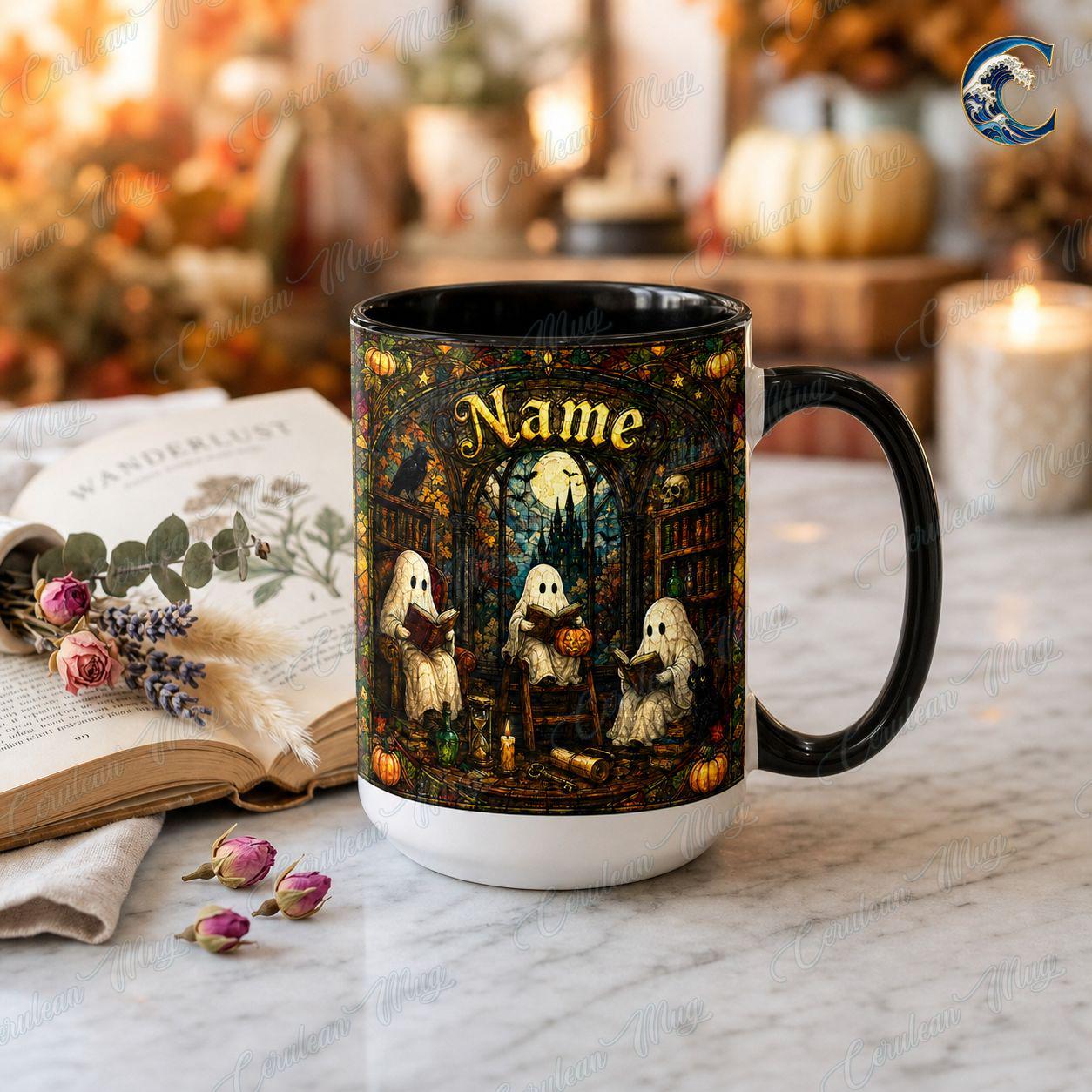 Personalized Reading Ghost Mug, Spooky Season Coffee Mug, Stained Glass Library Mug, Spooky Book Club Mug, Halloween Reader Gift