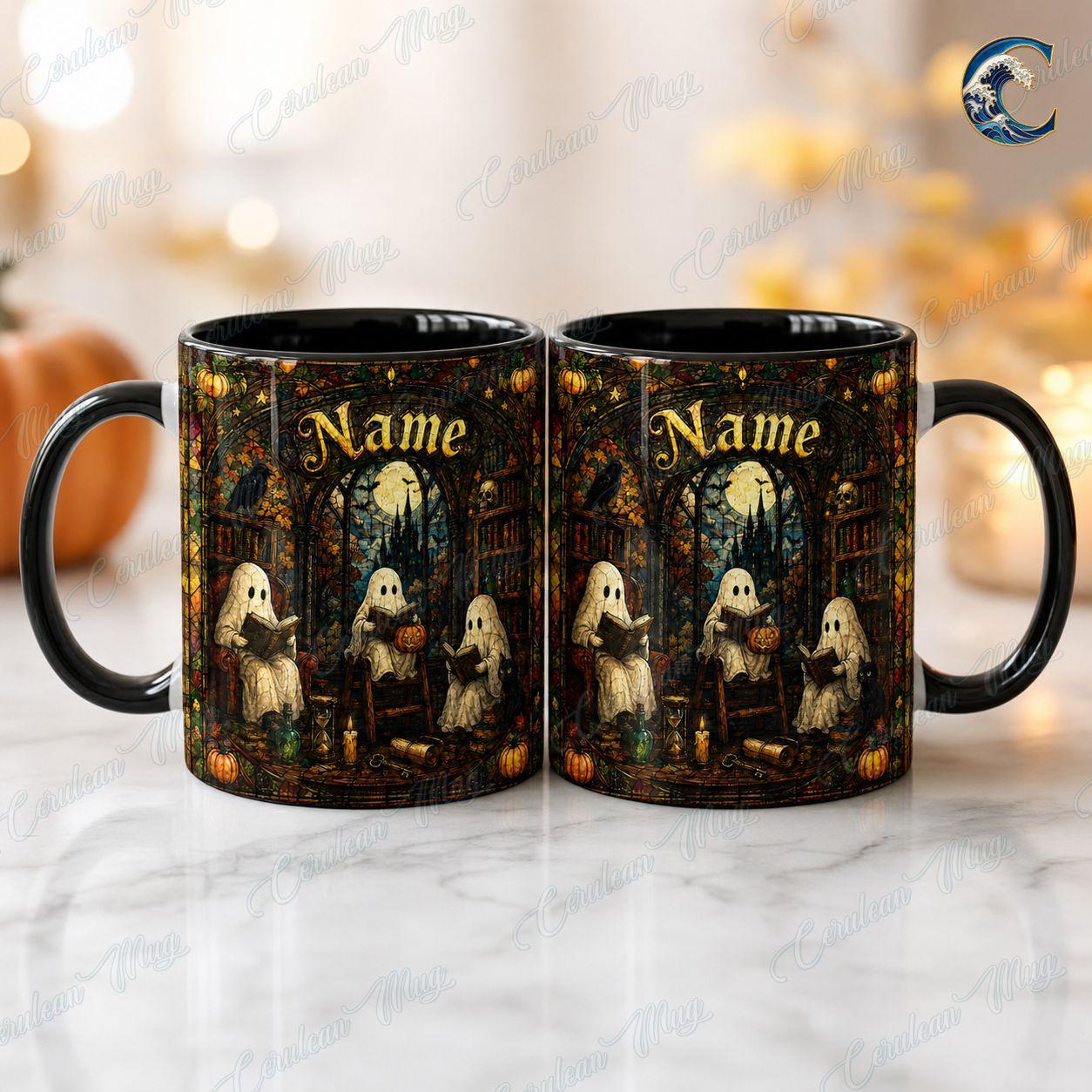 Personalized Reading Ghost Mug, Spooky Season Coffee Mug, Stained Glass Library Mug, Spooky Book Club Mug, Halloween Reader Gift