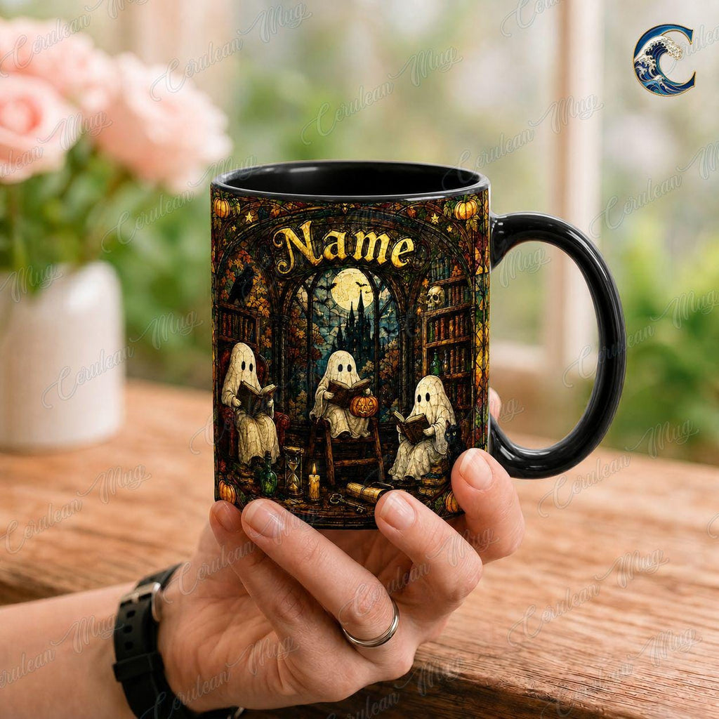 Personalized Reading Ghost Mug, Spooky Season Coffee Mug, Stained Glass Library Mug, Spooky Book Club Mug, Halloween Reader Gift