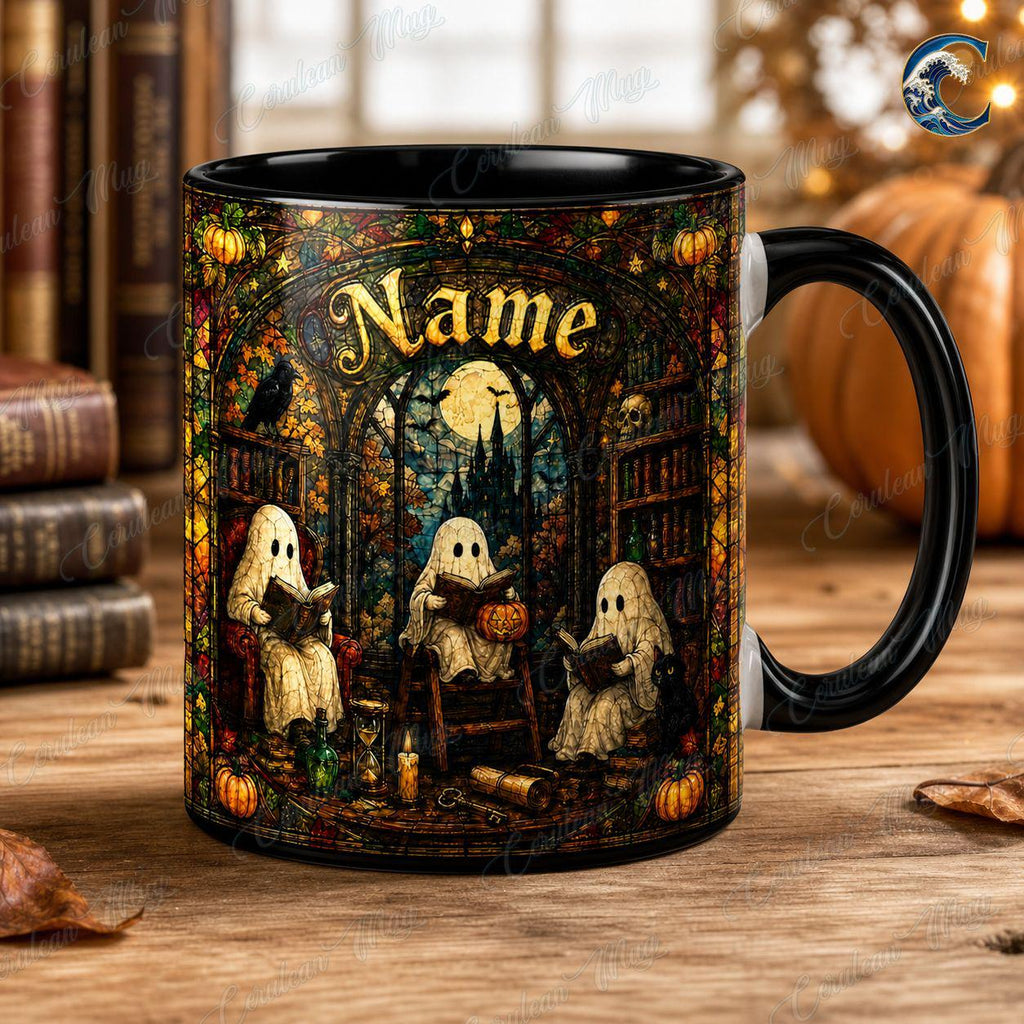 Personalized Reading Ghost Mug, Spooky Season Coffee Mug, Stained Glass Library Mug, Spooky Book Club Mug, Halloween Reader Gift