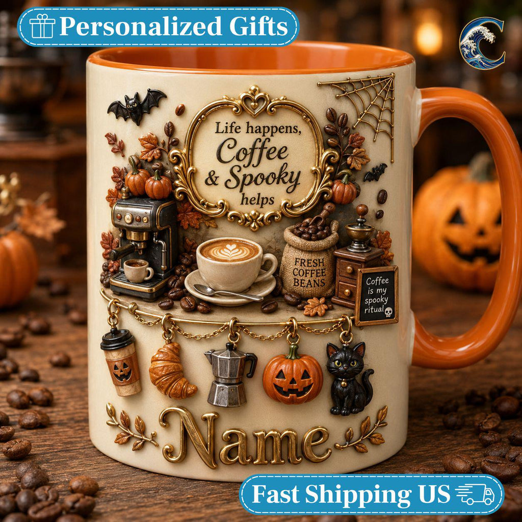 Personalized Coffee Lover Mug, Life Happens Coffee Mug, Spooky Halloween Charm Mug, Custom Name Pumpkin Mug, Fall Coffee Gift