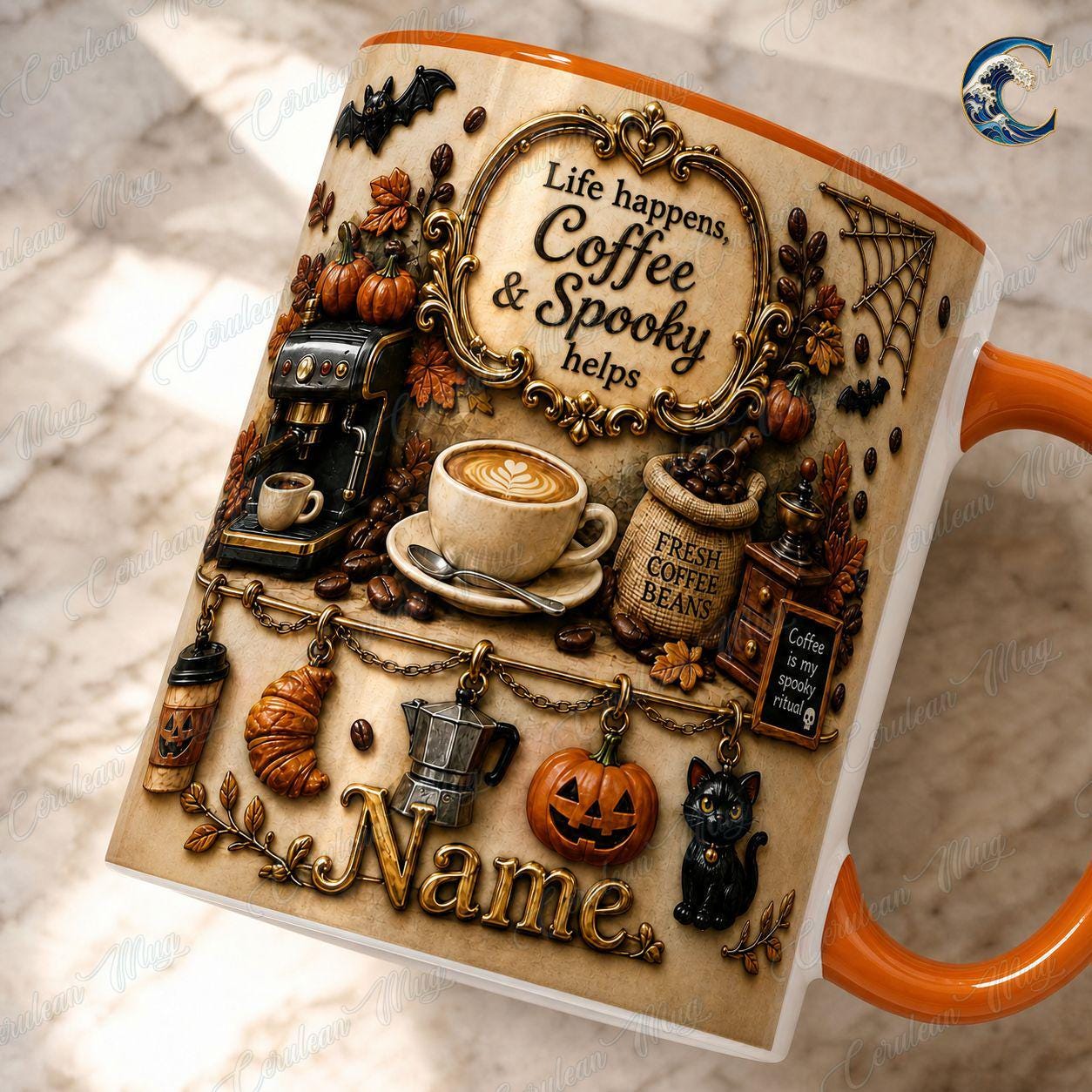 Personalized Coffee Lover Mug, Life Happens Coffee Mug, Spooky Halloween Charm Mug, Custom Name Pumpkin Mug, Fall Coffee Gift