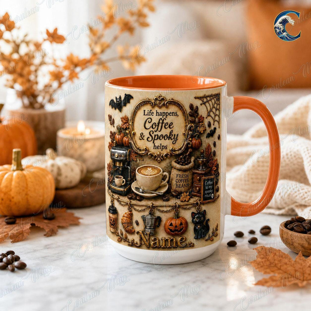 Personalized Coffee Lover Mug, Life Happens Coffee Mug, Spooky Halloween Charm Mug, Custom Name Pumpkin Mug, Fall Coffee Gift