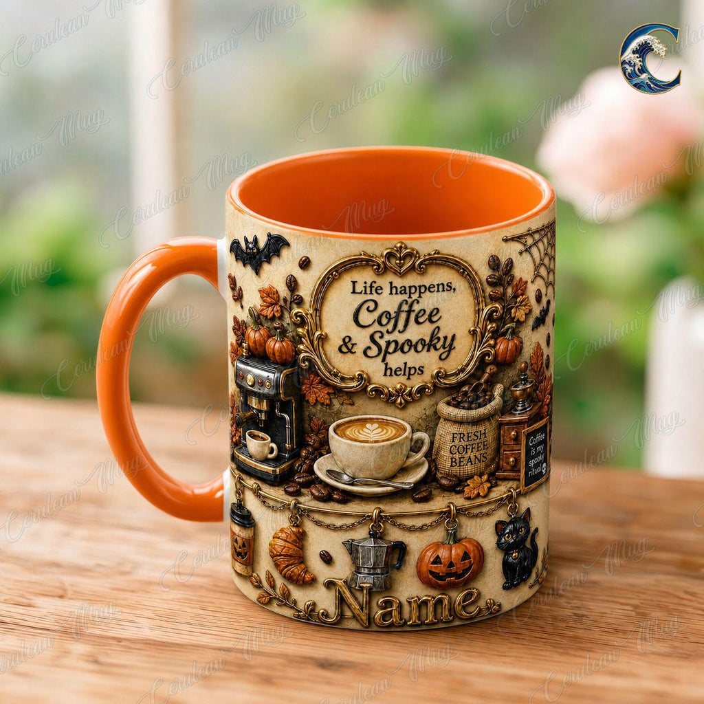 Personalized Coffee Lover Mug, Life Happens Coffee Mug, Spooky Halloween Charm Mug, Custom Name Pumpkin Mug, Fall Coffee Gift