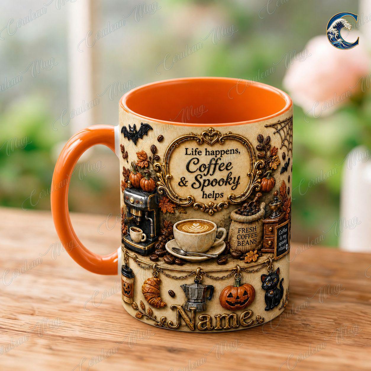 Personalized Coffee Lover Mug, Life Happens Coffee Mug, Spooky Halloween Charm Mug, Custom Name Pumpkin Mug, Fall Coffee Gift