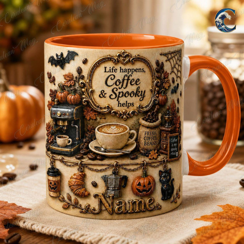 Personalized Coffee Lover Mug, Life Happens Coffee Mug, Spooky Halloween Charm Mug, Custom Name Pumpkin Mug, Fall Coffee Gift