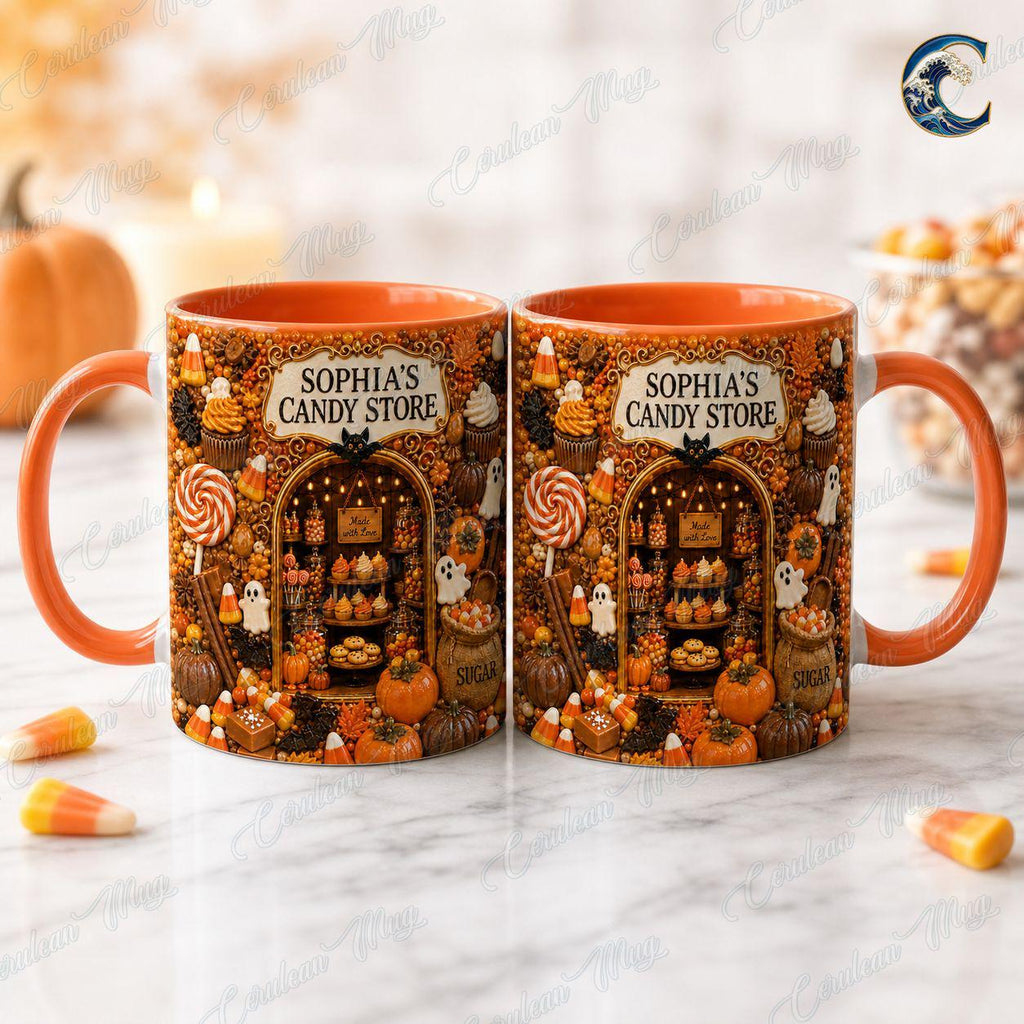 Personalized Candy Store Mug, Sophia Candy Store Coffee Mug, Halloween Trick or Treat Mug, Custom Shop Name Mug, Spooky Fall Gift