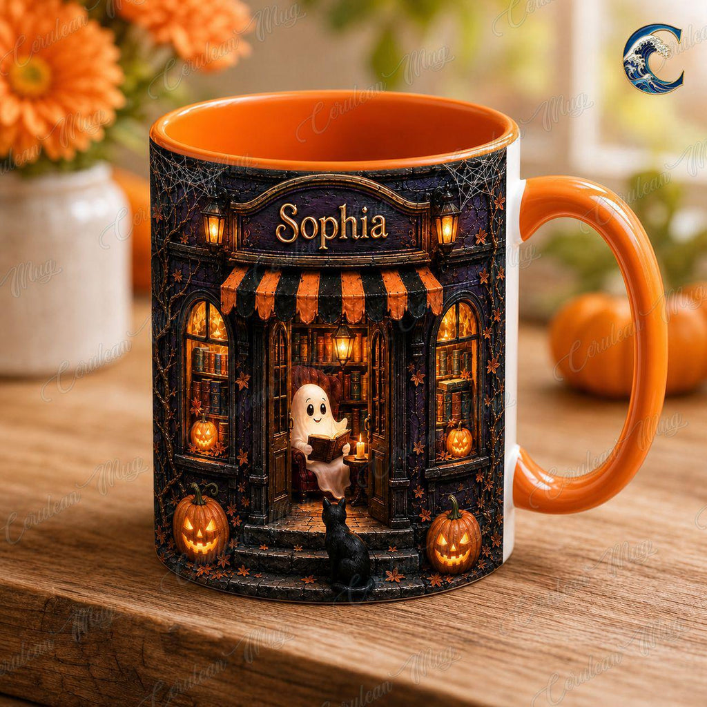 Personalized Ghost Reading Mug, Bookshop Coffee Mug, Halloween Book Lover Mug, Custom Name Cat Mug, Spooky Book Lover Gift