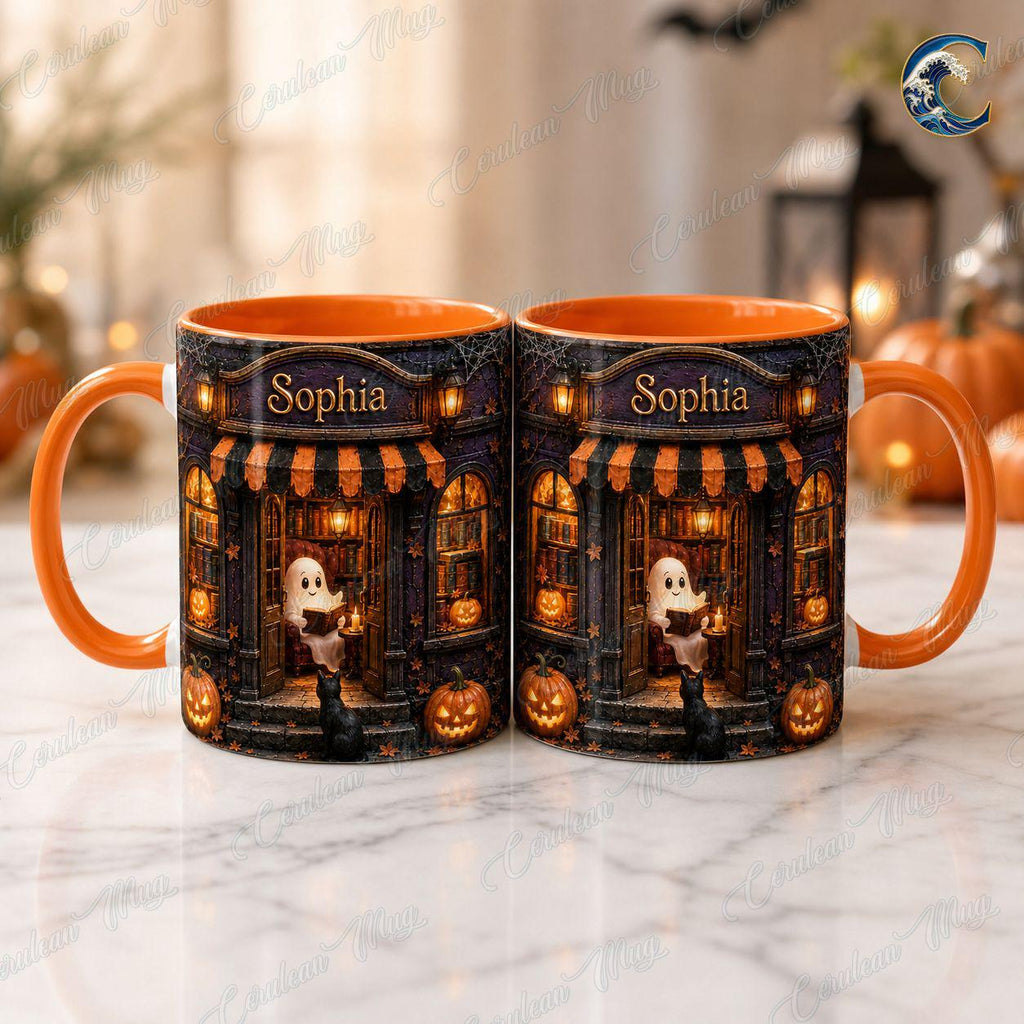 Personalized Ghost Reading Mug, Bookshop Coffee Mug, Halloween Book Lover Mug, Custom Name Cat Mug, Spooky Book Lover Gift
