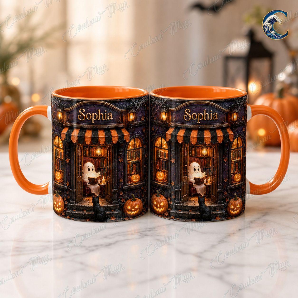 Personalized Ghost Reading Mug, Bookshop Coffee Mug, Halloween Book Lover Mug, Custom Name Cat Mug, Spooky Book Lover Gift